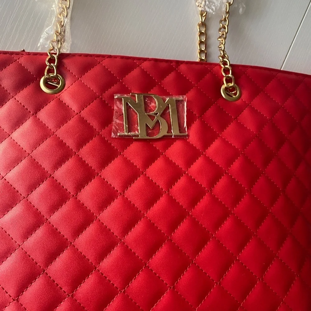 Badgley Mischka Red Quilted Chain Strap Tote Bag O/S
